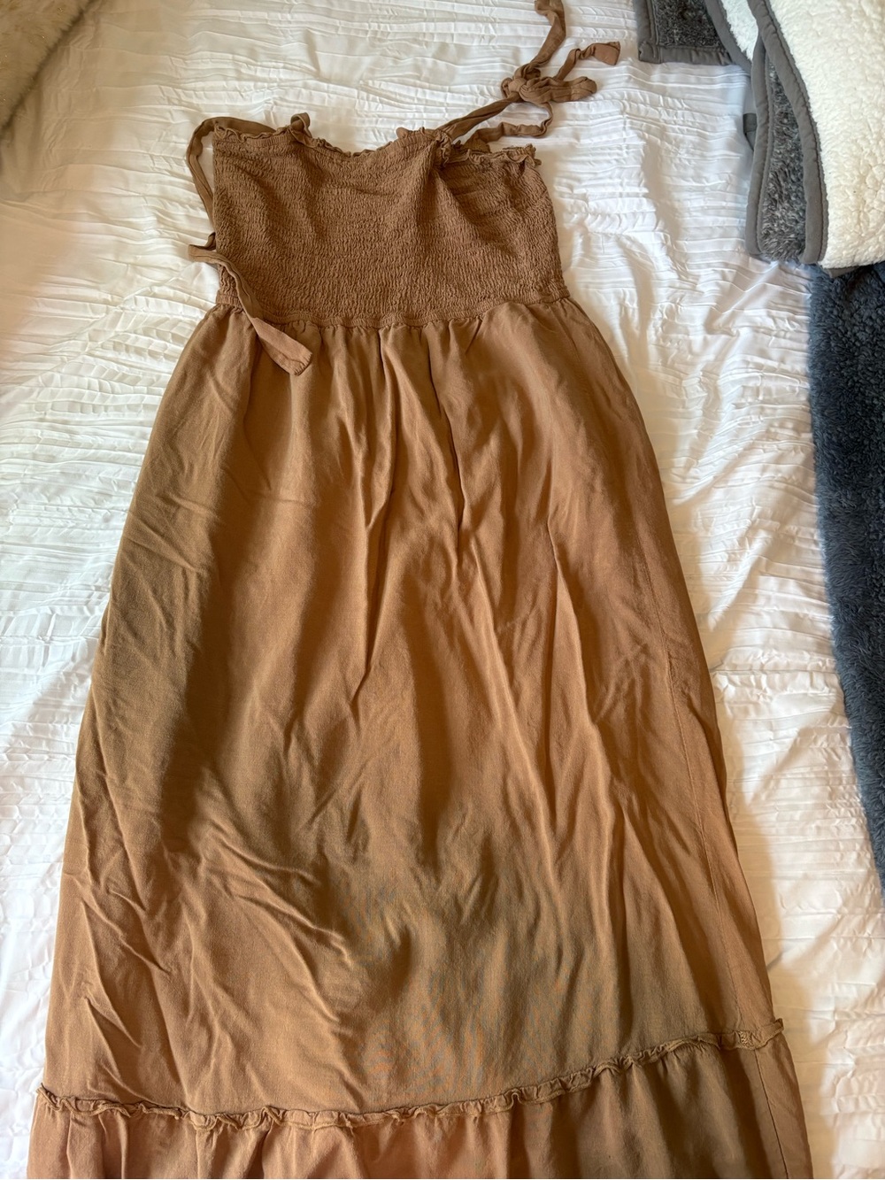 Lightweight Brown Maxi Dress with Smocked Bodice and Tie Straps